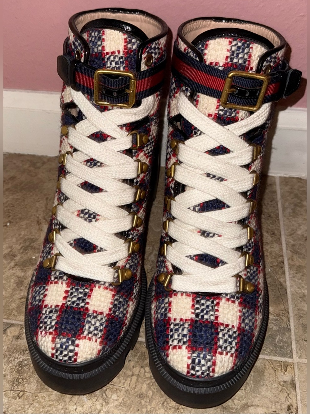 Gucci Sylvie Web Accent Tweed Combat Boots